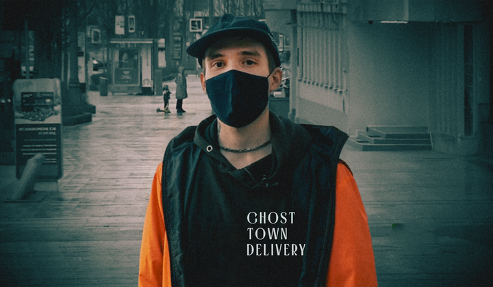 Young man delivers pizza in a ghost town 